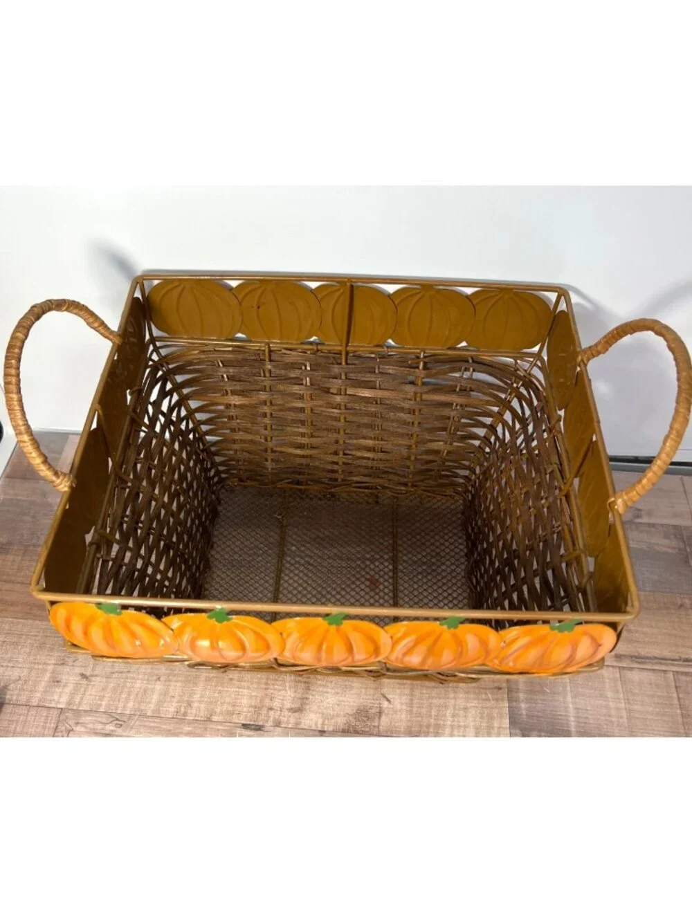 Handwoven Wicker Basket With Metal Pumpkin Accents & Handles